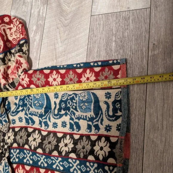Elephant Print Woven Hooded Boho Poncho | Festival Artwear Fringe Beach Layer - Picture 13 of 14